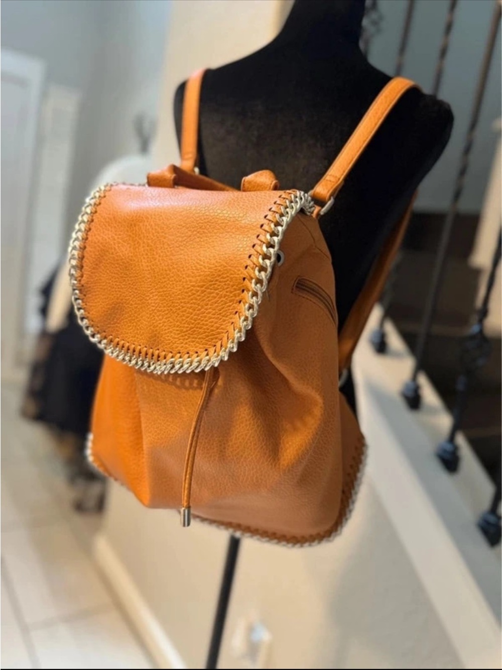 Women's Tan Leather Backpack with Chain Trim